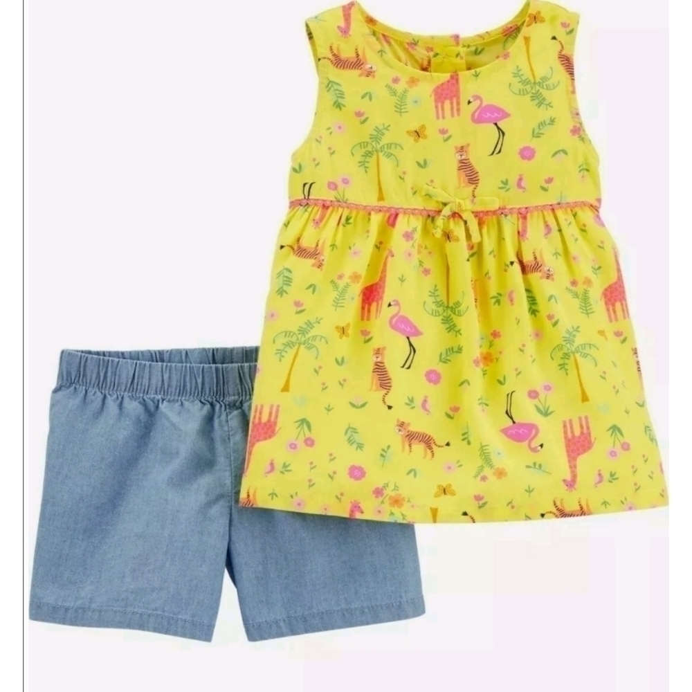 NWT SZ 6M Carter's Girl's Baby 2-Piece Jungle Poplin Tank & Chambray Short Set